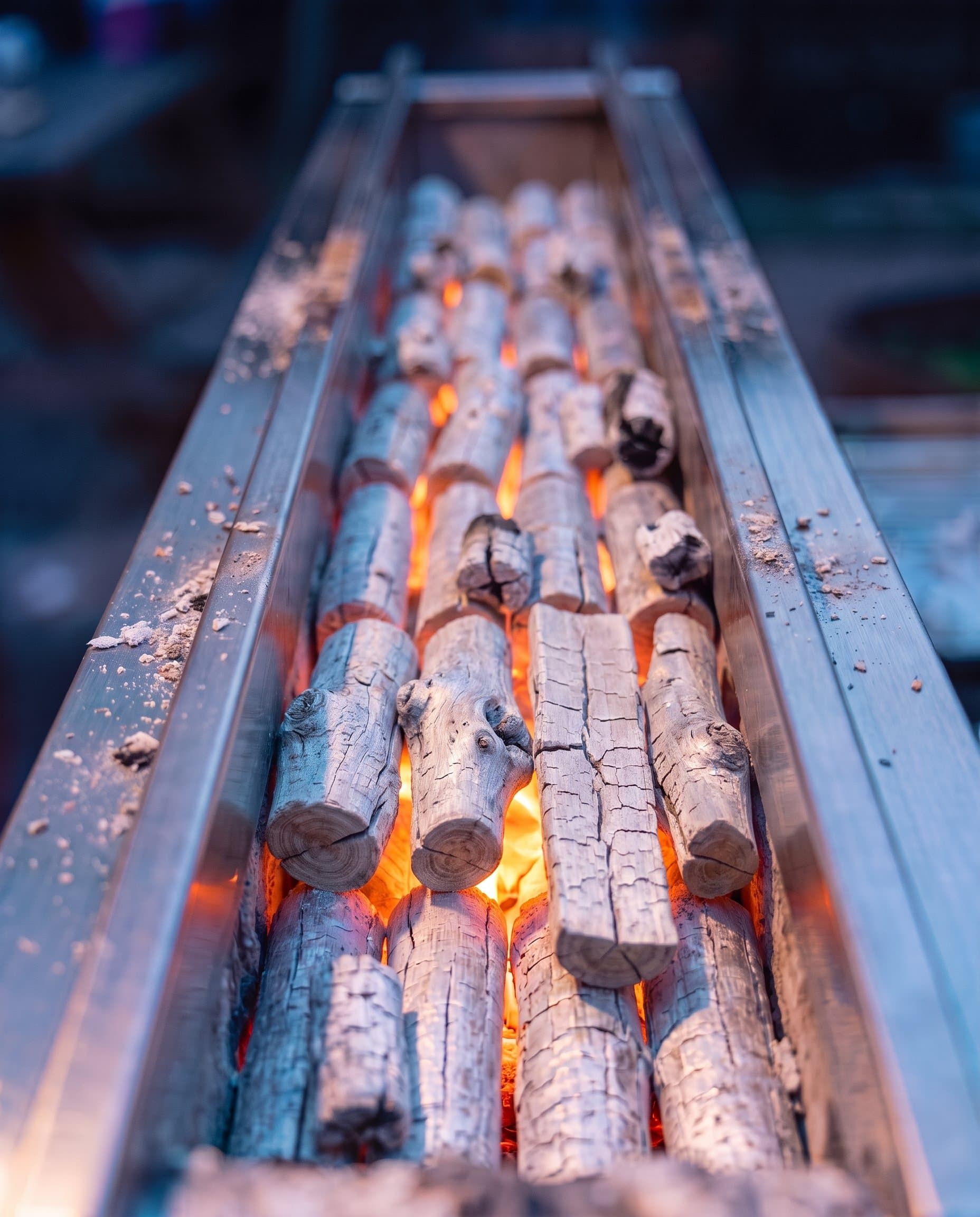 Close up: binchotan glowing orange under white ash in the grill