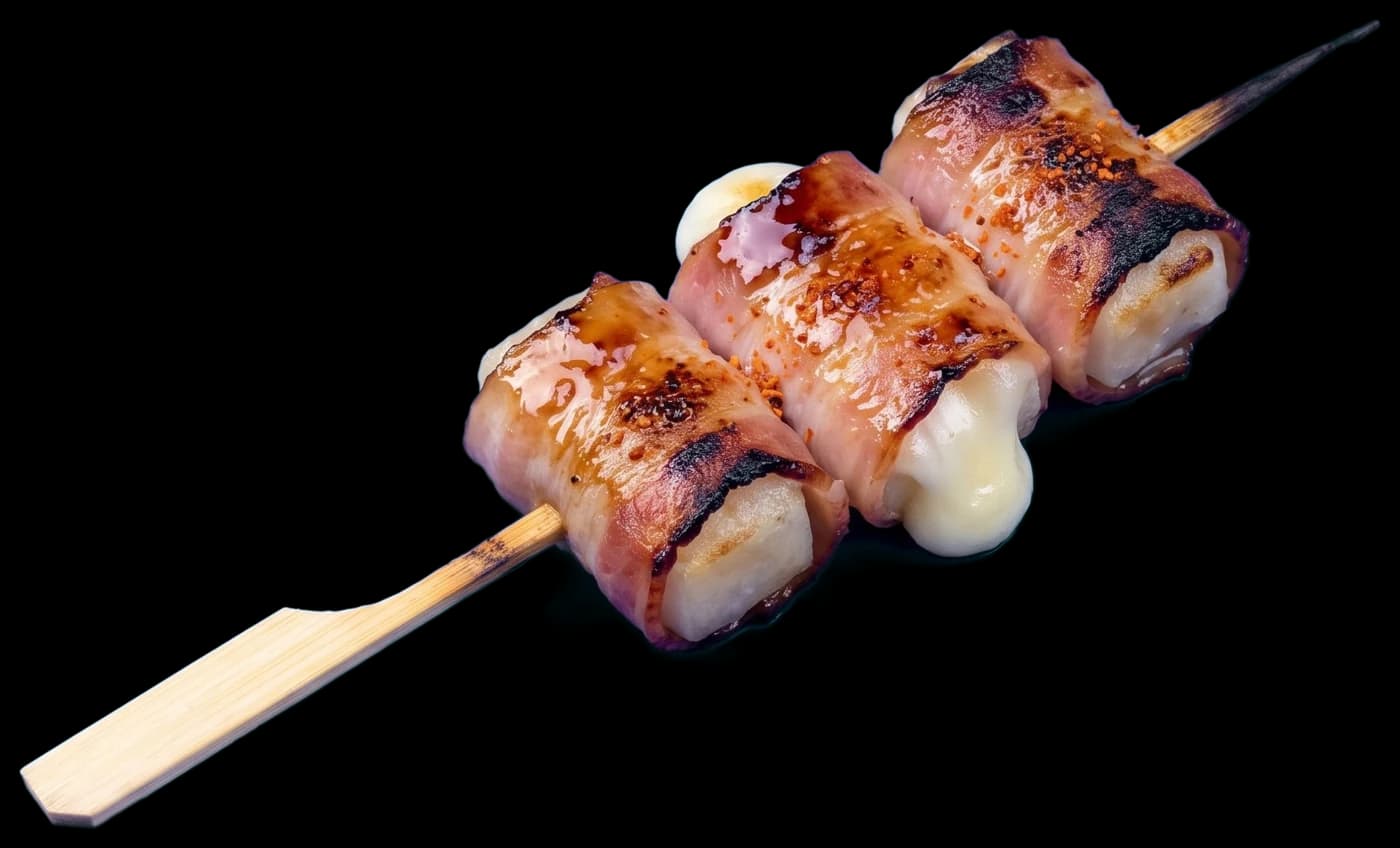 A bacon-wrapped mochi skewer: crisp bacon around soft mochi, glazed with tare and sprinkled with shichimi