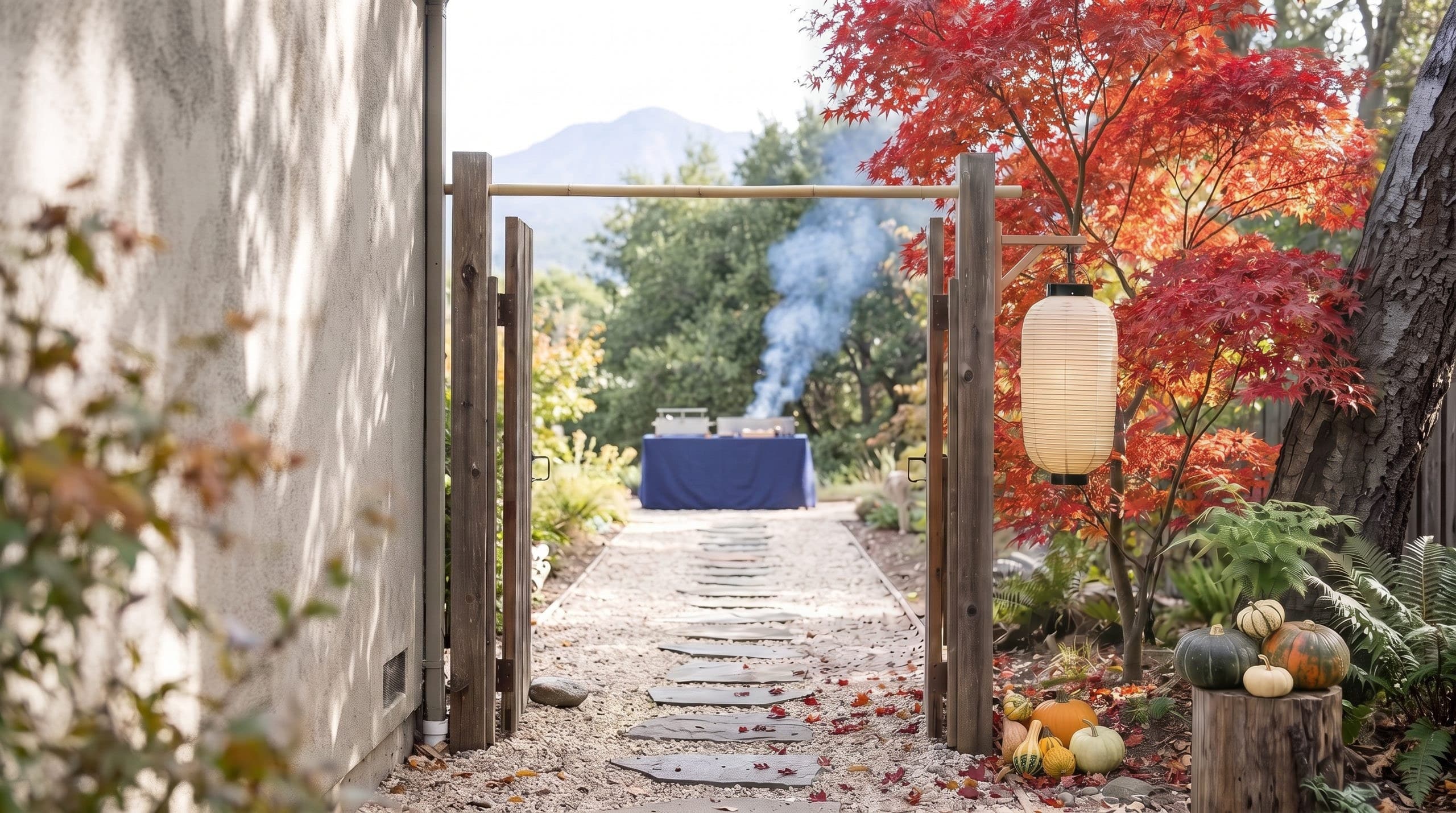 A garden path in Marin leading through a wooden entrance, with a paper lantern on the post and two grills smoking on a navy-covered table at the far end, the Japanese maple beside the lantern turned red, and pumpkins and gourds at the foot of the post and on a stump